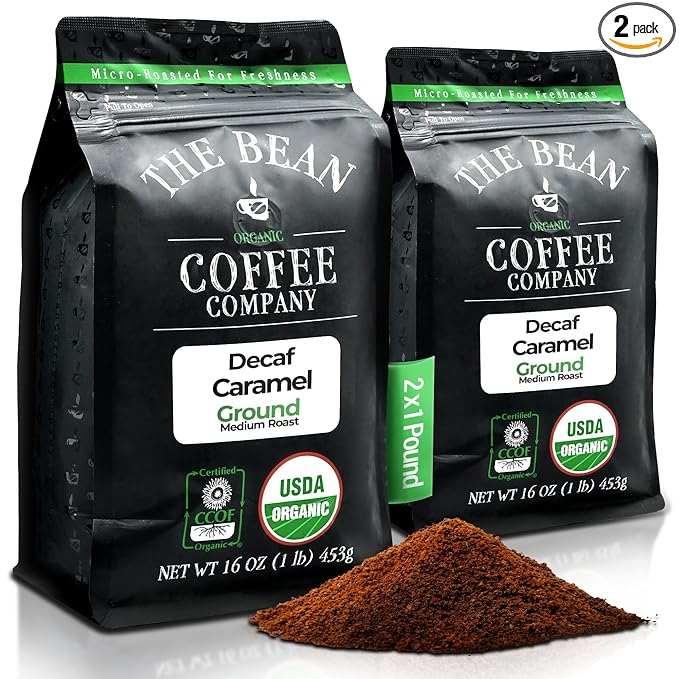The Bean Organic Coffee Company Water Processed DECAF Caramel Medium Roast Ground Coffee 16-Ounce Bags (Pack of 2) Café Molido Tostado Orgánico descafeinado