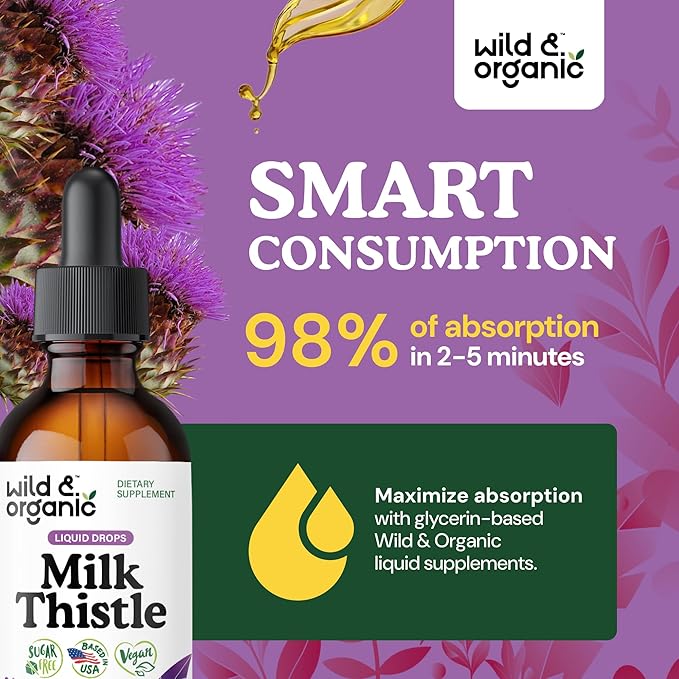 Wild &amp Organic Milk Thistle Extract Drops - Liver Cleanse Support - Milk Thistle Liver Detox Tincture - Liquid Silymarin Supplement - Silybum Marianum Seeds - Vegan Sugar &amp Alcohol-Free - 2 f