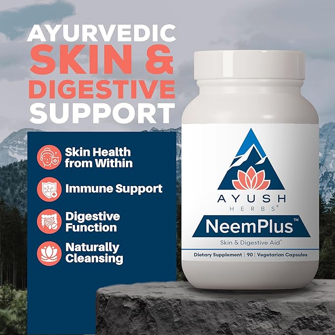 Ayush Herbs Neem Plus - Digestive Health for Women &amp Men Gut Support Supplement for Stomach &amp Skin Health Immune Support - 90 Servings