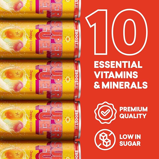 EBOOST Super Fuel Healthy Energy Drink Orange Mango and Strawberry Lemonade Bundle 12 Pack Each Focus Productivity 110 mg Caffeine Nootropics Electrolytes No Sucralose Taurine Artificial Flavors