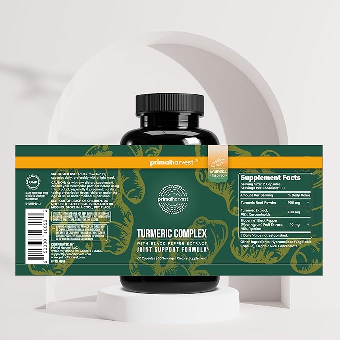 Primal Harvest 2 Pack Primal Turmeric Complex w/Black Pepper Extract Joint and Mobility Support Supplement for Women &amp Men 120 Capsules