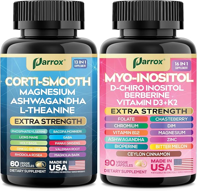 Cortisol &amp Myo-Inositol Supplement Bundle Soothe &amp Smooth Bundle Cortisol Balance GABA Magnesium Ashwagandha L-Theanine D-Chiro Inositol Folate Berberine Chasteberry Zinc (2 Pack)
