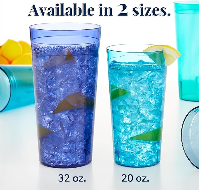 US Acrylic Cafe Plastic Reusable Tumblers (Set of 16) 20-ounce Water Cups Coastal Colors | Restaurant Style Drinking Glasses Value Set Stackable BPA-free Made in the USA | Top-rack Dishwasher Safe