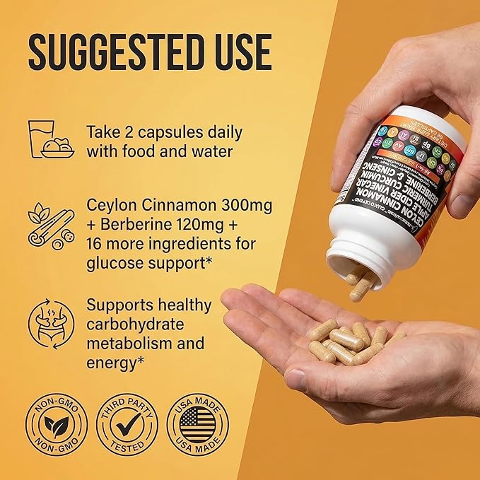 Clean Nutraceuticals Ceylon Cinnamon Capsules + Berberine Turmeric Apple Cider Vinegar Ginseng Bitter Melon Gymnema Milk Thistle Fenugreek Supplement Pills Powder for Men &amp Women
