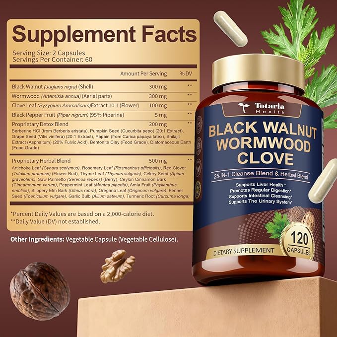 Totaria 120 Counts 25-in-1 Wormwood Black Walnut Clove Cleanse for Humans Capsules - Gut Cleanse Detox &amp Digestive &amp Liver Health with Pumpkin Seed Oil Clove Garlic Oregano - Herbal Vegan Caps
