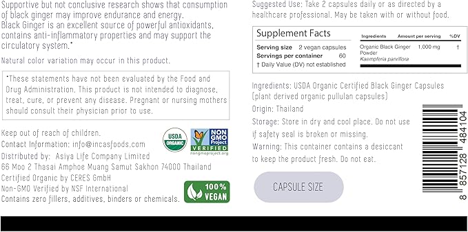 INCAS USDA Organic Thai Black Ginger for Men 120 Vegan Capsules 500mg Non GMO Verified | First &amp Only Organic Certified Kaempferia Parviflora Thai Ginseng