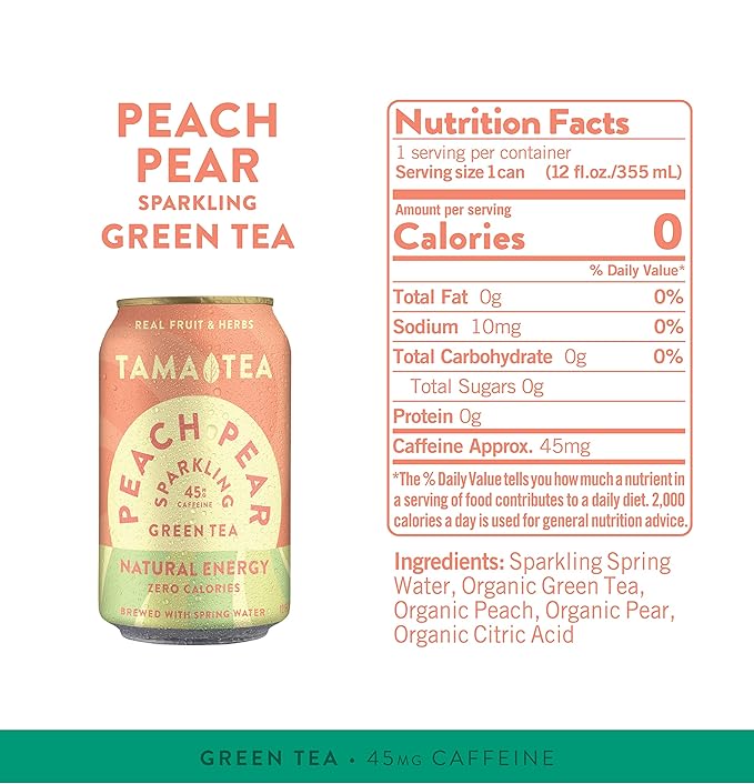 Unsweetened Sparkling Green Tea by Tama Tea - Organic Peach Pear Iced Green Tea Zero Calories &amp Zero Carbs | 45mg Caffeine No Artificial Ingredients 12 oz (12-Pack)