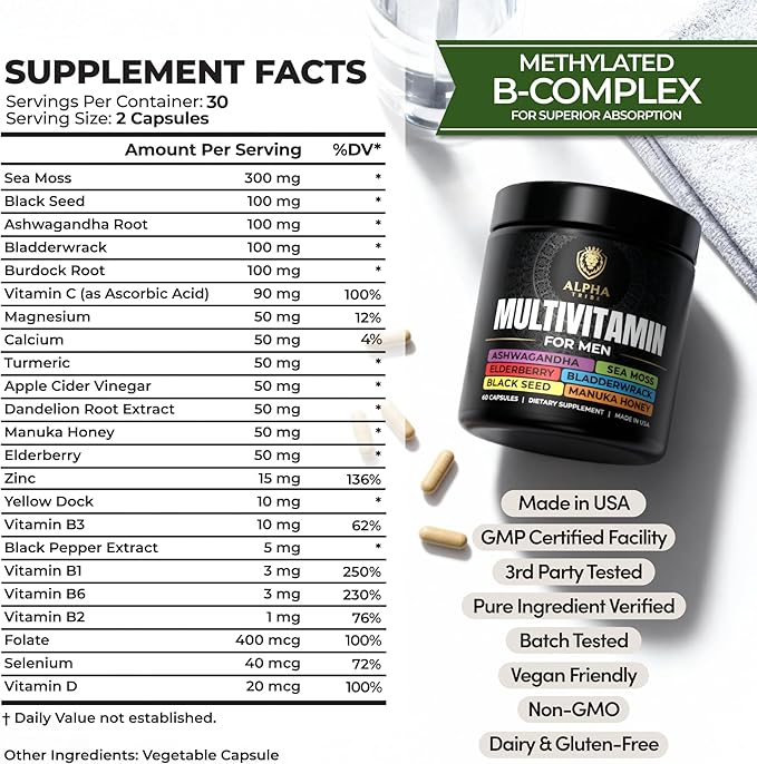 Alpha Tribe Multivitamin for Men &amp Organizer w/Seamoss Black Seed Oil Ashwagandha Burdock Root Turmeric Bladderwrack Vitamin C Elderberry Manuka | Daily Men's Vitamins &amp Minerals Supplemen