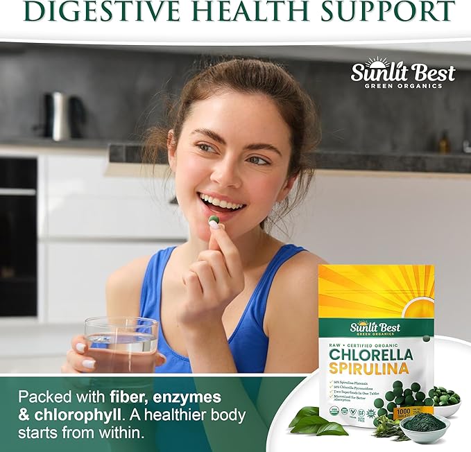 Sunlit Best Chlorella Spirulina Tablets - Organic USDA Premium Spirulina and Chlorella Tablets 1000 Count - Sun Chlorella Pure Natural Superfood with Algae Enzymes Chlorophyll &amp Vegan Protein