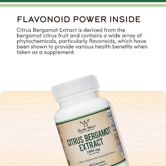 Citrus Bergamot Supplement 1000mg 60 Capsules - Supports Healthy Cholesterol &amp Triglyceride Levels - 1000mg Servings (Bergamonte Standardization) by Double Wood