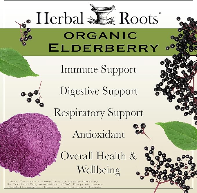 Herbal Roots Organic Black Elderberry Capsules | Max Strength | Made with Organic Sambucus | 60 Vegan Capsules