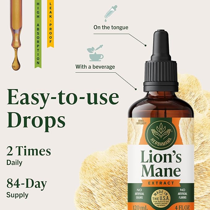 HERBAMAMA Lions Mane Tincture - Vegan Focus &amp Nerve Support with Lion's Mane Mushroom Extract - Hericium Erinaceus Brain Support Supplement - Non-GMO Alcohol &amp Sugar-Free - 84-Day Supply