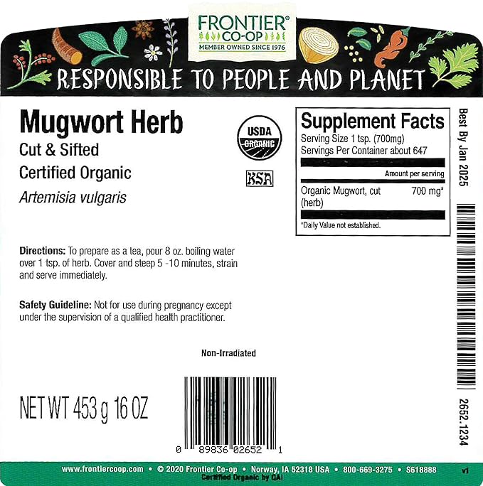 Frontier Co-op Mugwort Herb Cut and Sifted Certified Organic Kosher Bulk Bag Artemisia vulgaris L. | 16 Ounce (Pack of 1)