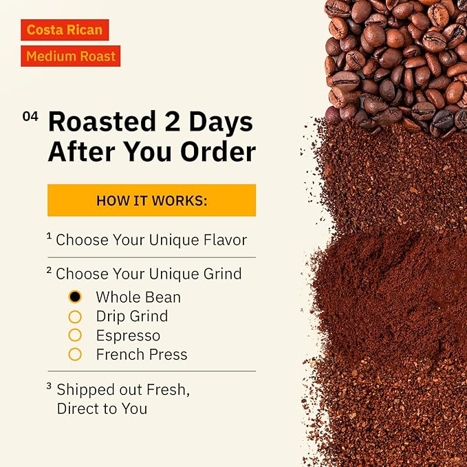 Kochere Costa Rican Specialty Whole Bean Coffee – 1LB Medium Roast – Freshly Roasted to Order – Single Origin Farm Direct Rich Flavored Coffee Beans – Sweet Apple Raisin &amp Honey Notes