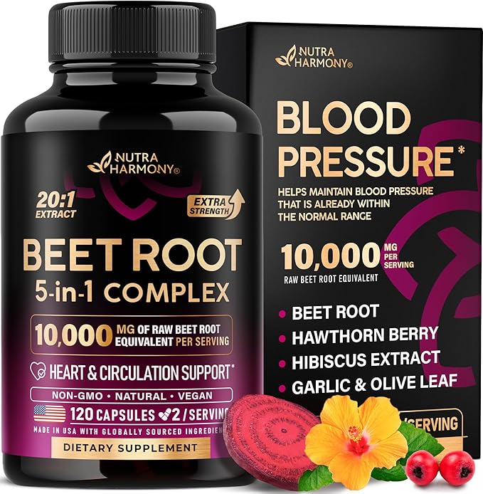 Beet Root 5-in-1 Complex Capsules - Healthy Blood Pressure Support Supplement** for Heart &amp Circulation Support - Olive Leaf Hawthorn Berry &amp Hibiscus - for Men &amp Women - Made in USA 120