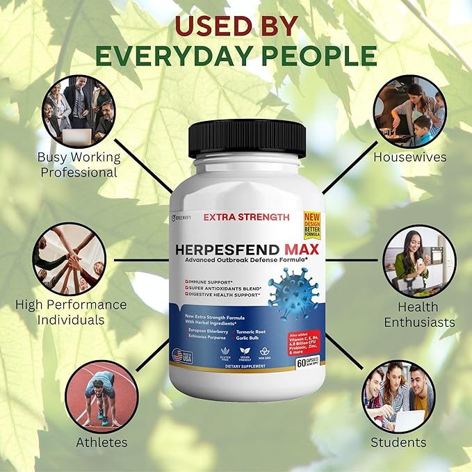 HerpesFend Max Extra Strength Advanced Defense Formula 60 Capsules with Elderberry Echinacea Turmeric Garlic Vitamins and Probiotics (15)