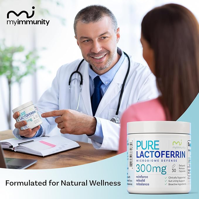 Pure Lactoferrin Microbiome Defense - 300mg Delayed Release Capsules Non-GMO Iron Absorption &amp Immune System Support Lactoferrin Supplements for Adults Gluten-Free (30 Capsules)