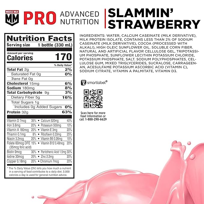 Muscle Milk Pro Advanced Nutrition Protein Shake Slammin' Strawberry 11.16 Fl Oz 32g Protein 1g Sugar 16 Vitamins &amp Minerals 5g Fiber Bottled Liquid Gluten Free (Pack of 24)