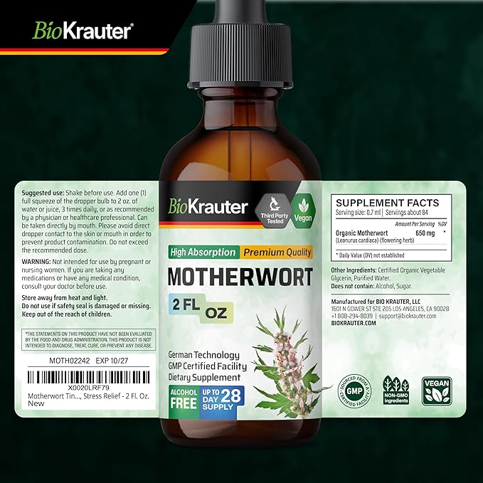 BIO KRAUTER® Perimenopause &amp Menopause Supplements for Women* - Vegan Motherwort Tincture 2 Fl.Oz 28-Day Supply for Natural Calm &amp Women's Wellness - Alcohol &amp Sugar Free - 650 mg per Serv