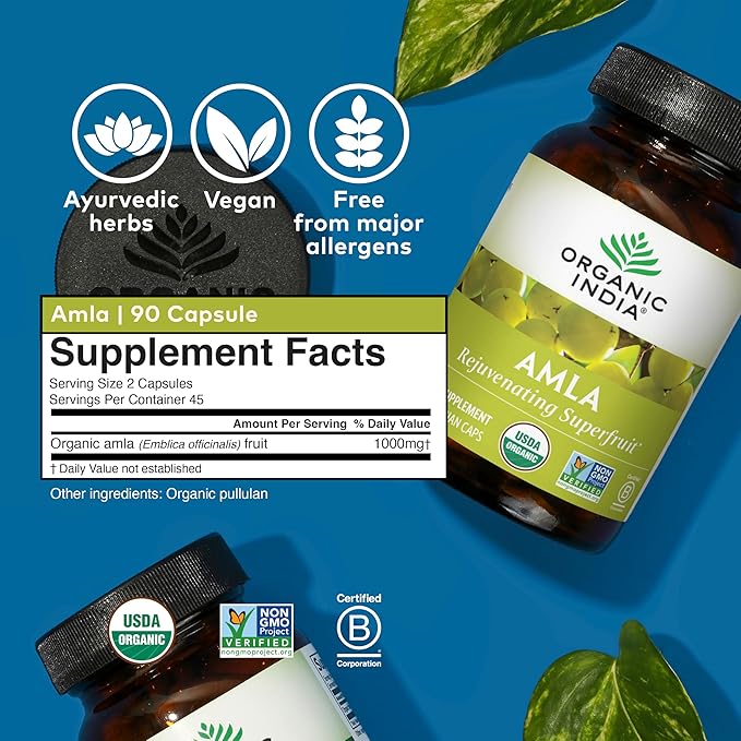 ORGANIC INDIA Amalaki Herbal Vitamin Supplement - Immune Support Vitamin C Vegan Gluten-Free Kosher Ayurvedic Antioxidant USDA Certified Organic Non-GMO - 90 Capsules