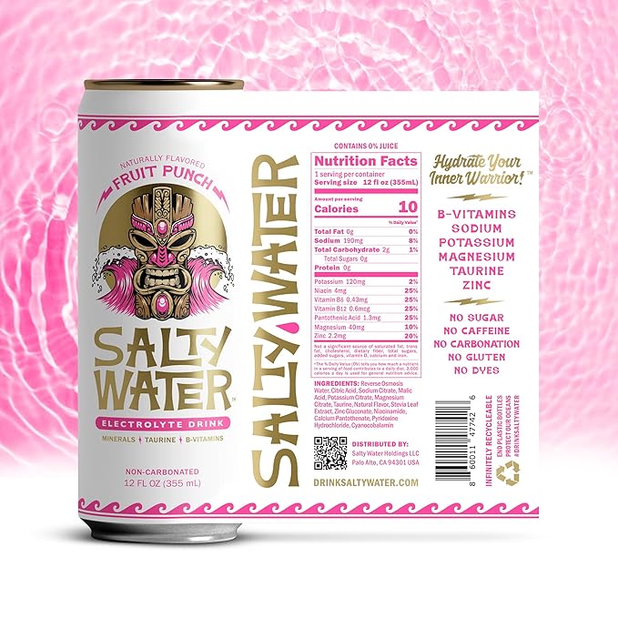 SaltyWater Electrolyte Drink Fruit Punch – Zero Sugar Premium Hydration Drink 10 Calories Minerals Taurine B-Vitamins Non-Carbonated - Zero Caffeine Electrolyte Sports Drink - Gluten Free - 12 P