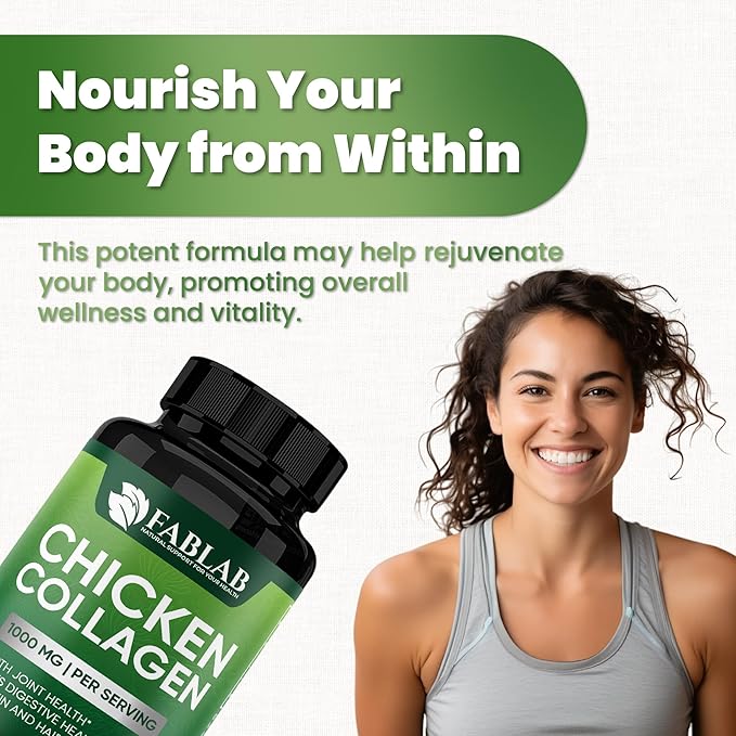 FabLab Chicken Sternum Cartilage Type II Collagen Capsules - Nutritional Supplement for Joints-1000mg per Serving - Non-GMO Anti-Aging Dietary Product with Hydrolyzed Peptides- 100 Capsules