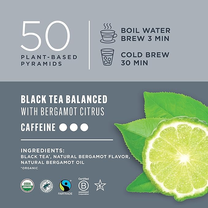 Teatulia Organic Earl Grey Tea Bags (50 Pyramid Sachet Teabags) Whole Leaf Flower 100% Compostable Black Tea + Bergamot Citrus Sustainably Grown In Bangladesh