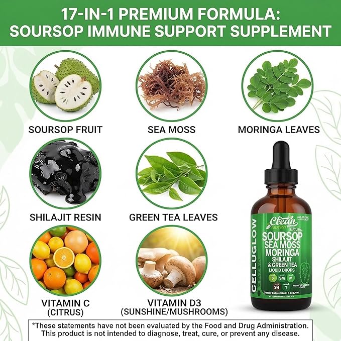 Clean Nutra Soursop Liquid Drops Sea Moss Moringa Shilajit Green Tea Vitamin D Vitamin C Garlic Supplements Grape Seed Lycopene Turmeric Root 4 Oz Immune Support &amp Cellular Health by Clean Nutra