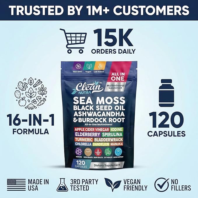 Clean Nutraceuticals Sea Moss Black Seed Oil Ashwagandha Turmeric Bladderwrack Burdock &amp Vitamin C Vitamin D3 with Elderberry Manuka Dandelion (120 Count (Pack of 1))