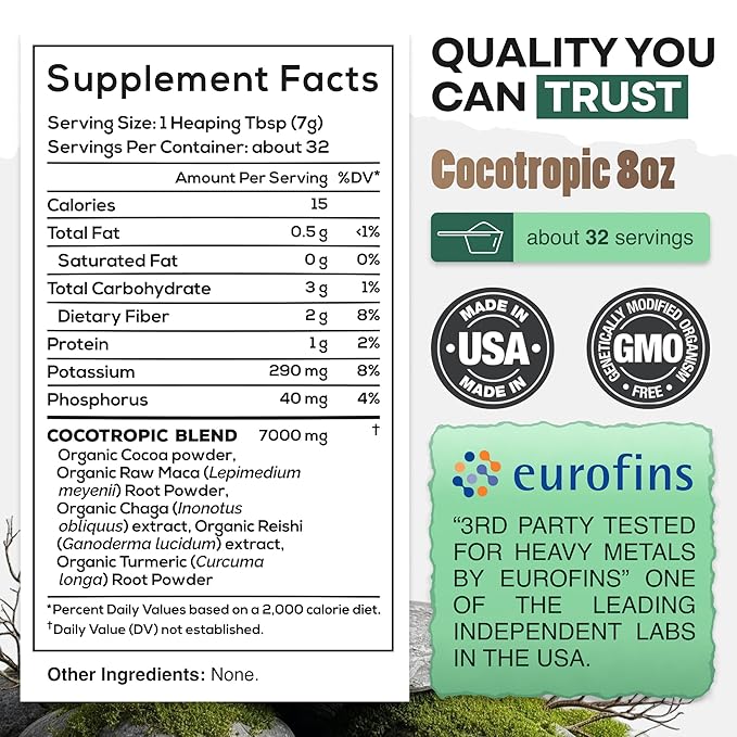 Wild Foods Organic Cocotropic Superfood Mushroom Hot Chocolate Mix 8 oz | Non-GMO Vegan Gluten Free Reishi Mushrooms Chaga