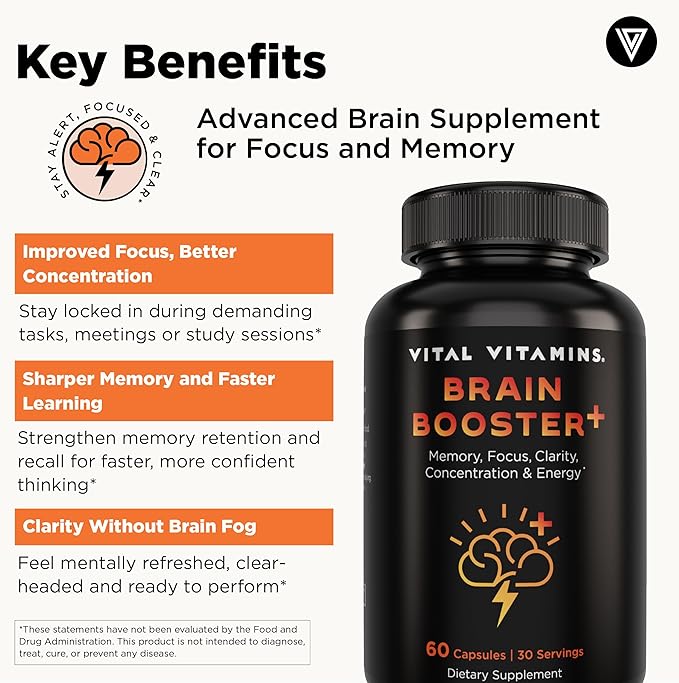 Vital Vitamins Nootropic Brain Supplement Plus - for Memory Focus Concentration Neuro Energy Clarity - with Lion's Mane Mushrooms - 60 Capsules