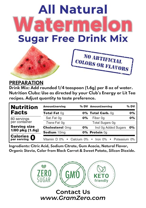 GramZero All Natural Watermelon Zero Calorie Sugar Free Drink Mix Great For Nutrition Club Loaded Tea Stevia Sweetened