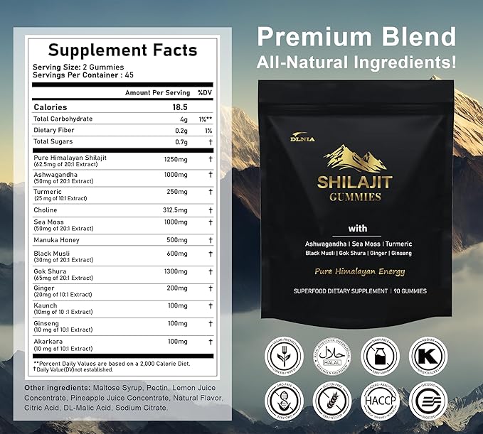Shilajit Gummies with Ashwagandha Turmeric - Organic Zero Sugar &amp Vegan-Friendly Himalayan Shilajit for Men &amp Women - Energy Calm Cortisol Sleep Immune Support &amp Overall Health