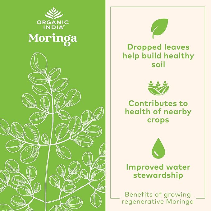 ORGANIC INDIA Moringa Herbal Supplement - Green Superfood Nutrient Dense Pure Plant Protein Vitamin A E K Iron Calcium Fiber Vegan Gluten-Free USDA Certified Organic - 90 Capsules