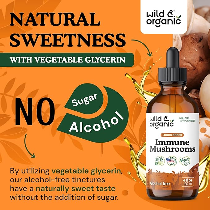 Wild &amp Organic Immune Mushroom Tincture - 8-in-1 Immune Support with Chaga Reishi Turkey Tail Lion’s Mane Maitake Extract - Liquid Mushroom Supplement - Vegan Sugar &amp Alcohol-Free Drops -