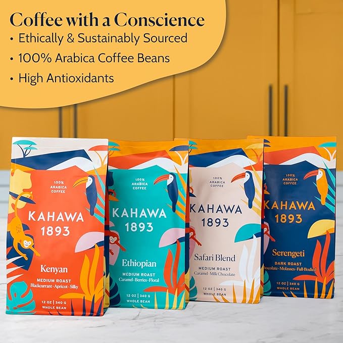 Kahawa 1893 Whole Bean Coffee Combo Pack Kenyan Ethiopian Safari &amp Serengeti Blend (12 Oz) - As Seen on Shark Tank Naturally Sweet Organically Grown Ethically &amp Sustainably Sourced