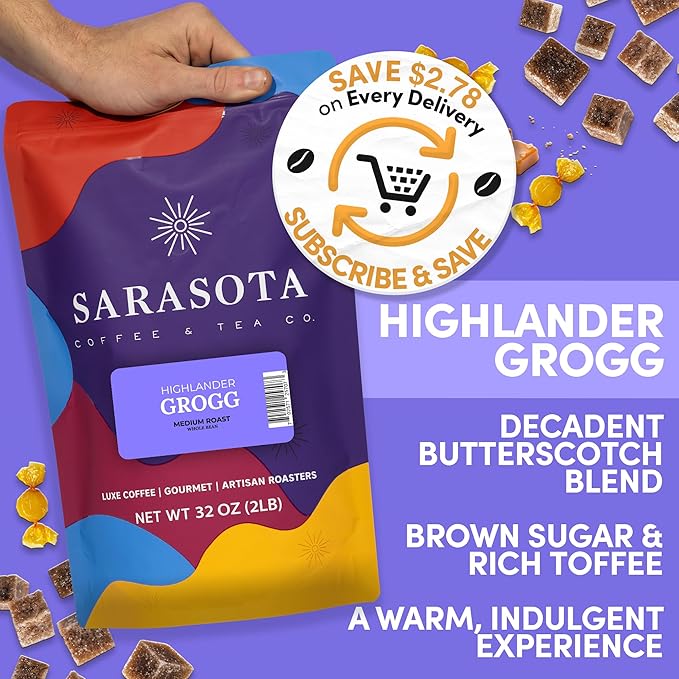 2 lb Highlander Grogg Whole Bean Coffee | Butterscotch Caramel Vanilla Flavored Coffee Beans | Bulk Medium Roast Flavored | Specialty Grade | 32 oz