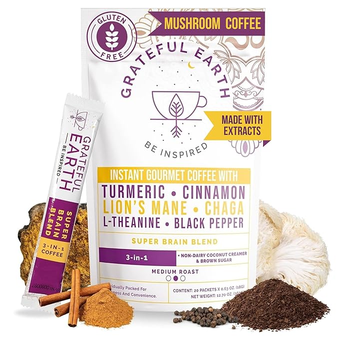 Grateful Earth Mushroom Coffee Coconut Instant Coffee with Lion’s Mane Mushrooms Chaga Turmeric L-Theanine Cinnamon Super Brain Blend For Energy &amp Immune Support Dairy &amp Gluten Free 20