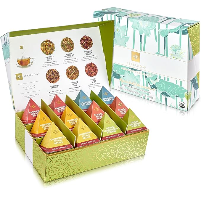 Teabloom Organic Herbal Oasis Pyramid Tea Presentation Box 12 Assorted Herbal Tea Blends USDA Certified Organic Whole-Leaf Pyramid Tea Sachets