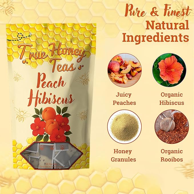 True Honey Teas Peach Hibiscus Tea Bags - All Natural Organic Rooibos with Dried Peach Juice - Herbal Caffeine-Free Blended with Honey Crystals - 24 Count