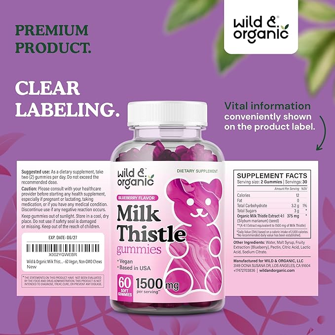 Wild &amp Organic Milk Thistle Gummies 1500mg - Herbal Supplement for Liver Cleanse Detox - Silymarin Milk Thistle Liver Detox Gummies - 60 Vegan Non-GMO Chews