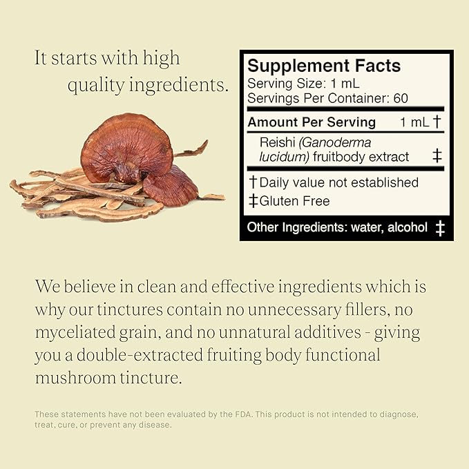 Reishi Mushroom Extract - Double Extracted Fruitbody Mushroom Tincture | Wellness Booster Improve Sleep Balance Hormones (60 Servings)