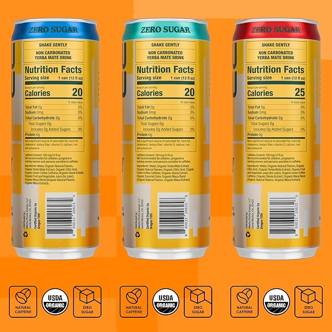 MACHU PICCHU Zero Sugar Energy Mate Drink – Non-Carbonated Yerba Mate 120mg Organic Caffeine Smooth Focus Without Jitters or Crash Low Calorie USDA Organic 12oz Cans (12-Pack-“Variety”)