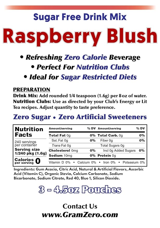 GramZero Raspberry Blush Zero Calorie Sugar Free Drink Mix Great For Nutrition Club Loaded Tea Stevia Sweetened