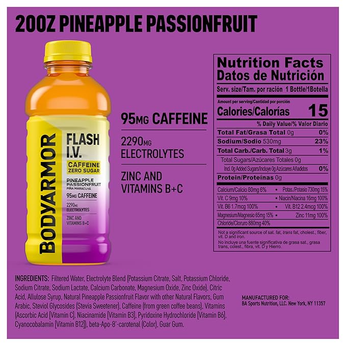 BODYARMOR Flash I.V. Zero Sugar + Caffeine Pineapple Passionfruit Electrolyte Beverage Hydration Drink For Rapid Rehydration Post Workout Recovery 20 Fl Oz (Pack of 12)