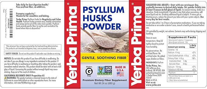 Yerba Prima Psyllium Husks Powder - 24 oz (Pack of 2) - Unflavored - Fine Ground - Natural Fiber Supplement with Soluble &amp Insoluble Fiber