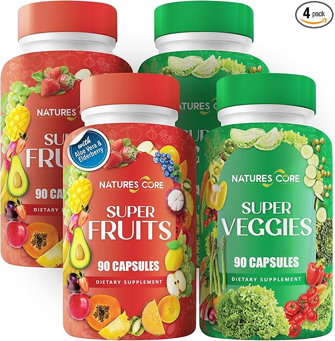 Nature's Core Fruit and Veggie Supplement - 360 Capsules -100% Whole Super Fruit and Super Vegetable Supplements &amp Vitamin Made in USA Soy Free Vegan- 90 Count (Pack of 4)