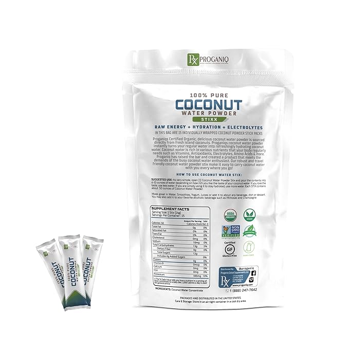 X PROGANIQ Coconut Water Powder Stixx - Pure Coconut Electrolyte Drink in Travel Size Packets - 15 Count - Turn Water into Coconut Water - Ideal for On-the-Go Hydration - Easy Portable and Refreshing