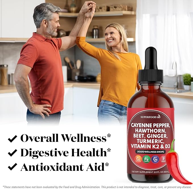 Cayenne Pepper Supplement Liquid Drops + Hawthorn Berry Vitamin D3 K2 Beet Root Powder Ceylon Cinnamon Turmeric Curcumin Organic Panax Ginseng - 6 OZ
