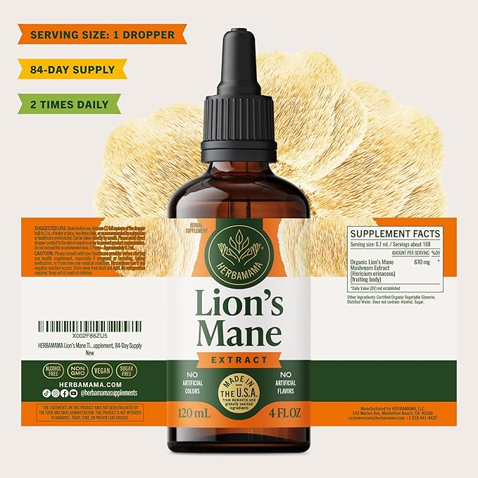 HERBAMAMA Lions Mane Tincture - Vegan Focus &amp Nerve Support with Lion's Mane Mushroom Extract - Hericium Erinaceus Brain Support Supplement - Non-GMO Alcohol &amp Sugar-Free - 84-Day Supply